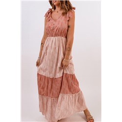 Розовое многоуровневое платье-макси с V-образным вырезом и завязками