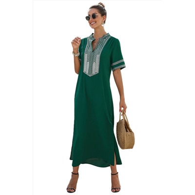 Зеленое прямое макси платье с орнаментом и разрезами по бокам