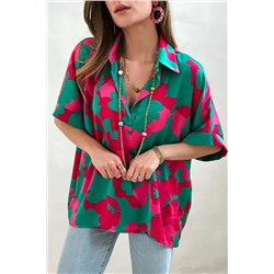 Green Abstract Print V Neck Blouse