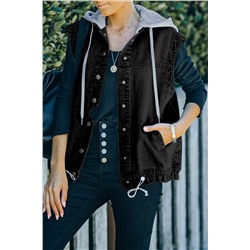 Black Solid Color Hooded Denim Vest Jacket
