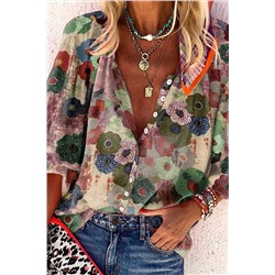 Floral V-Neck 3/4 Sleeve Button Down Shirt