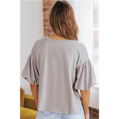Gray Joint Bubble Sleeve Round Neck Blouse