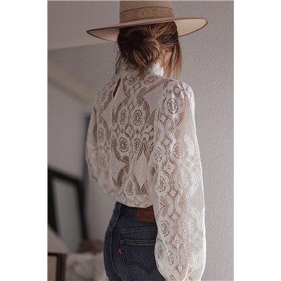 White Lace Crochet See-through Scalloped High Neck Top