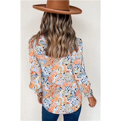 Sky Blue Puff Sleeve Floral Blouse