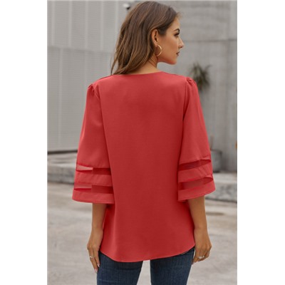 Красная свободная блуза с прозрачными вставками на рукавах "летучая мышь"