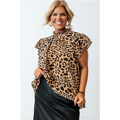 Plus Size Leopard Ruffle Short Sleeve High Neck Blouse