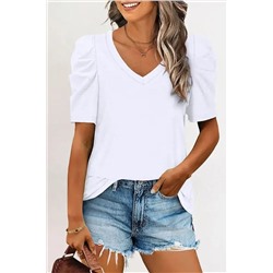 White Puff Sleeve V-Neck T-Shirt