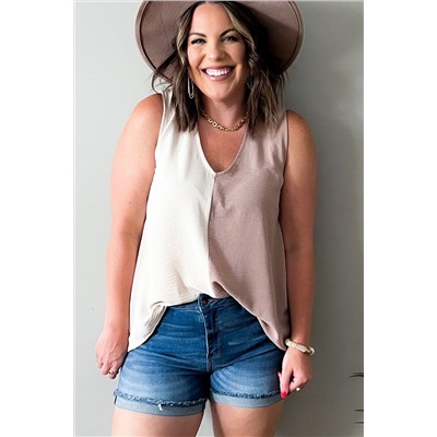 White Plus Size Colorblock V Neck Tank Top