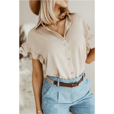 Khaki Ruffle Short Sleeve Button Up Shirt