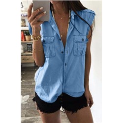 Sky Blue Turn-down Collar Buttoned Denim Top with Pockets