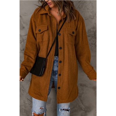 Brown Long Sleeve Pockets Buttoned Shirt Jacket