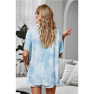 Голубой пижамный комплект с леопардовым принтом: длинная свободная блуза + шорты