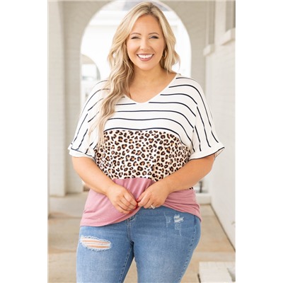 Striped Leopard Color Block Plus Size T-Shirt