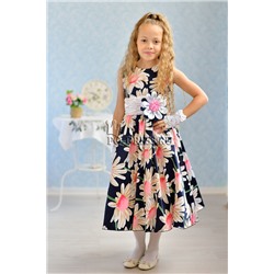 Платье нарядное для девочки "Ромашки", цвет темно-синий/ромашки с розовым