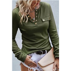 Green Snap Button V Neck Long Sleeve Top