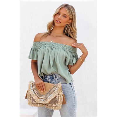 Green Off Shoulder Textured Ruched Ruffle Blouse