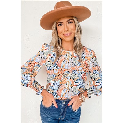 Sky Blue Puff Sleeve Floral Blouse