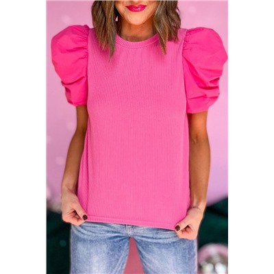 Rose Ribbed Puff Short Sleeve Top