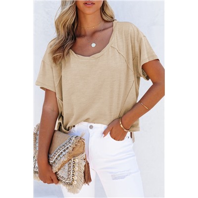 Apricot Solid Patched Side Slit T Shirt