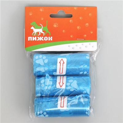 Пакеты для уборки за собаками с печатью (3 рулона по 15 пакетов 29х21 см), синие