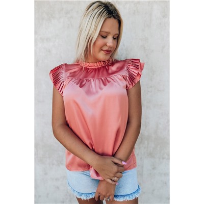 Pink Satin Fringed Ruffle Sleeve Mock Neck Blouse