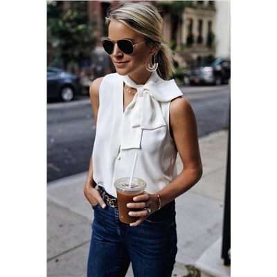 White Bow Tie V Neck Sleeveless Shirt