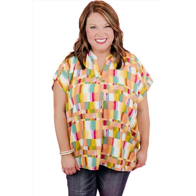 Yellow Geometric Print V Neck Plus Size T Shirt