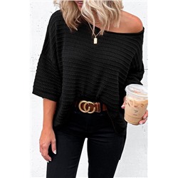 Black Textured Knit Drop Shoulder Tee