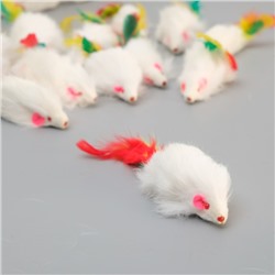 Игрушка Мышь-погремушка для кошек с пером, 6-6,5 см, в пакете, фасовка по 24 шт., микс