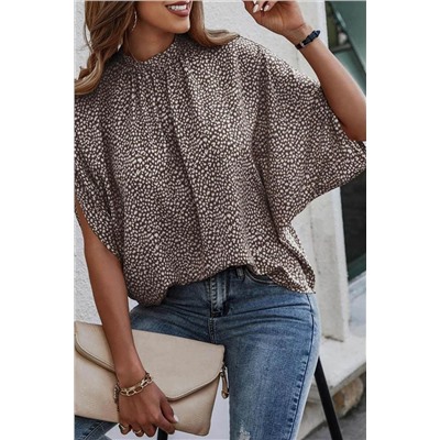 Leopard Dotty Print Knotted Dolman Sleeve Mock Neck Blouse