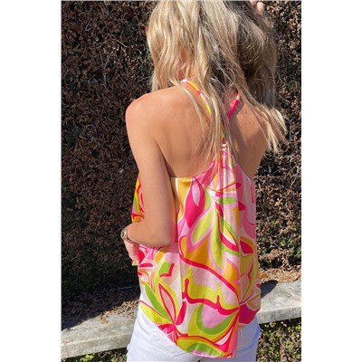 Pink Abstract Floral Print Knotted Halter Tank Top