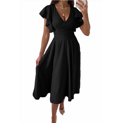 Черное платье-миди с рукавом-воланом и глубоким V-образным вырезом