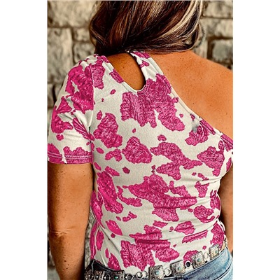 Pink One Shoulder Cow Print Cut out Short Sleeve Top