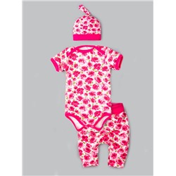 Комплект нательный для малышей, розочки, боди + штаны + шапка, розовый