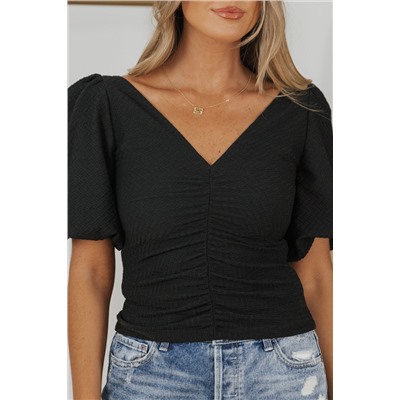 Black V Neck Ruched Front Puffy Sleeve Blouse