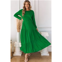 Зеленое многоуровневое платье-макси с длинным рукавом