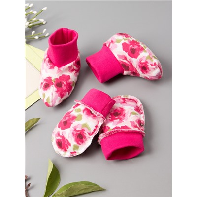 Комплект нательный для малышей, розочки, боди + штаны + пинетки + царапки + нагрудник, розовый