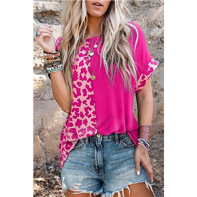 Rose Half Leopard Patchwork Short Sleeves Top