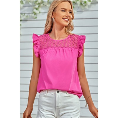 Rose Lace Patchwork Round Neck Flutter Sleeve Blouse