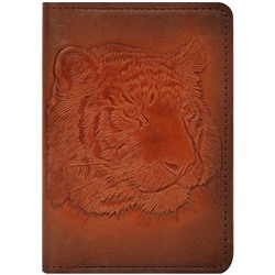 Обложка для паспорта Кожевенная мануфактура Тигр, светло-коричневый, в деревянной упаковке