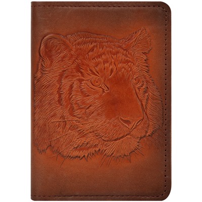 Обложка для паспорта Кожевенная мануфактура Тигр, светло-коричневый, в деревянной упаковке