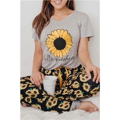 Серо-черный комплект для отдыха с принтом подсолнухи: футболка с надписью: Hello Sunshine + свободные штаны на шнуровке