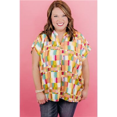 Yellow Geometric Print V Neck Plus Size T Shirt