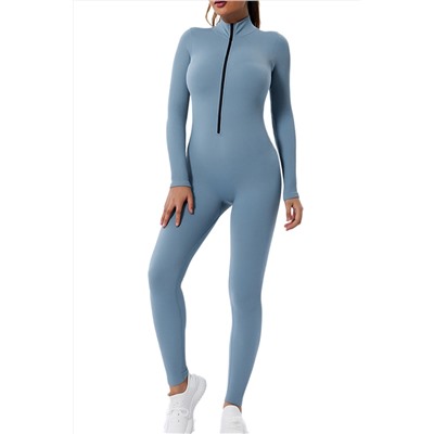 Sky Blue Zip High Neck Seamless Ribbed Yoga Jumpsuit