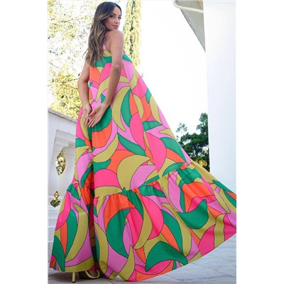Цветное платье-макси в стиле бохо на бретелях с геометрическим принтом