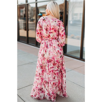 Розовое платье макси с V-образным вырезом и цветочным принтом с запахом