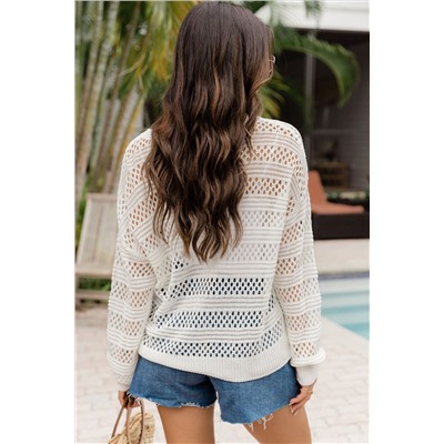 White Long Sleeve Hollow-out Patterned Knit Top