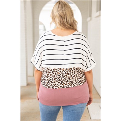 Striped Leopard Color Block Plus Size T-Shirt