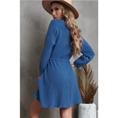 Голубое платье-рубашка с эластичной талией на шнуровке