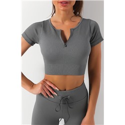 Gray Zipped Notch Short Sleeve Ribbed Yoga Top